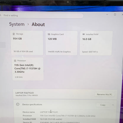 Lenovo IdeaPad Slim 7 Pro 14IHU5 14" I7-11370H 3.3GHz 16GB RAM 1TB SSD