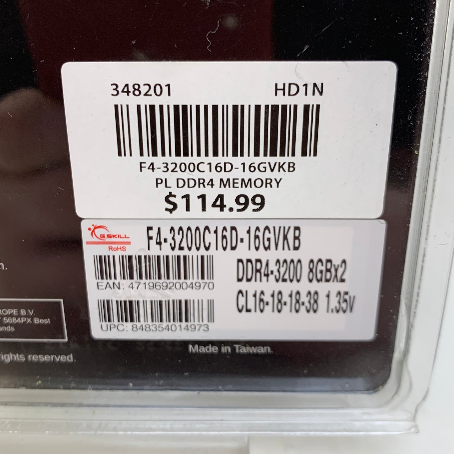 G.Skill RipJaws 16GB (2x8GB) RAM DDR4 3200MHz F4-3200C16D-16GVKB