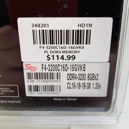 G.Skill RipJaws 16GB (2x8GB) RAM DDR4 3200MHz F4-3200C16D-16GVKB