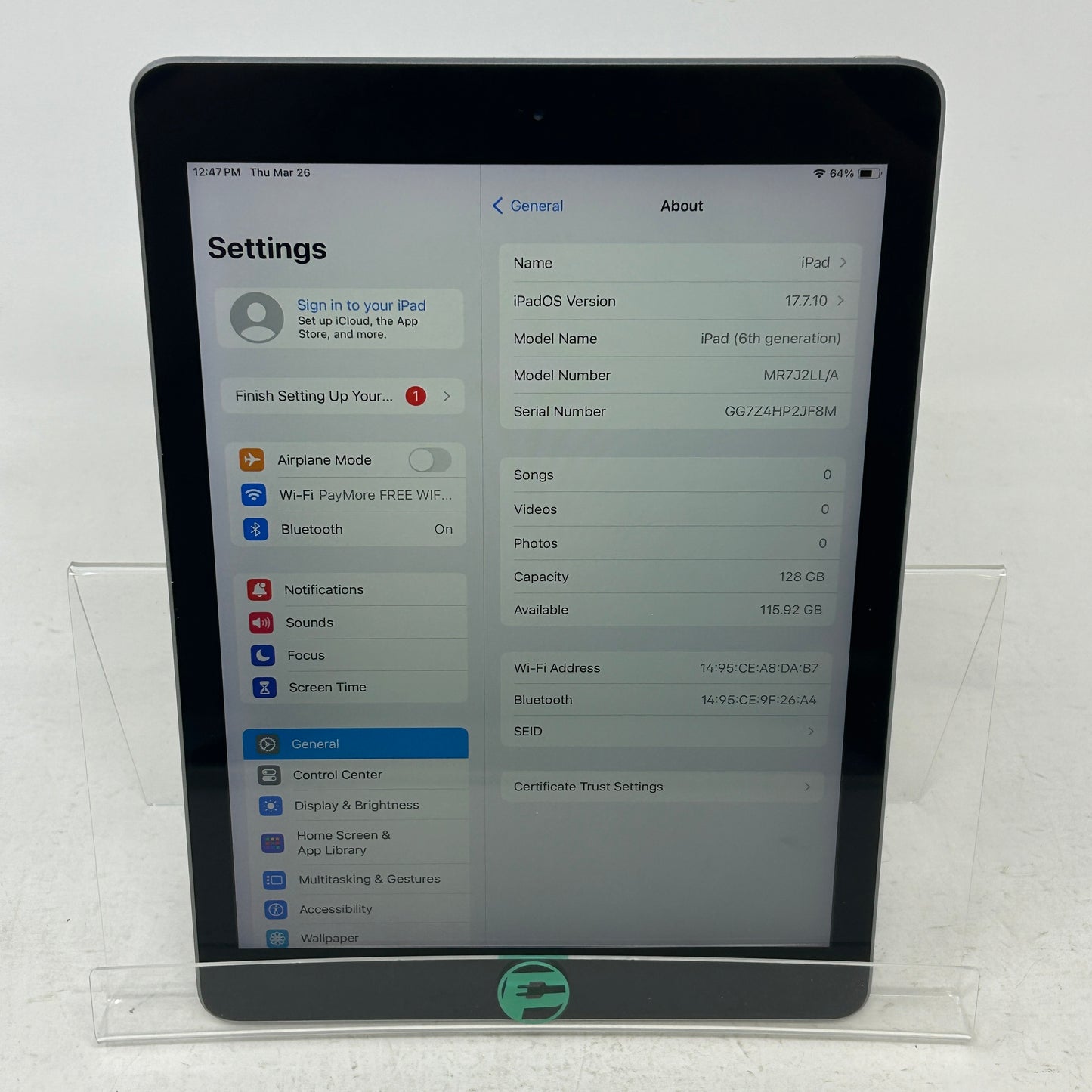 WiFi Only Apple iPad 6th Gen 128GB Space Gray MR7J2LL/A