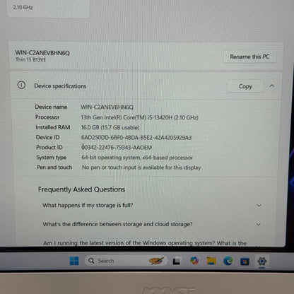 MSI Thin 15 B13VE 15.6" i5-13420H 2.1GHz 16GB RAM 512GB SSD GeForce RTX 4050