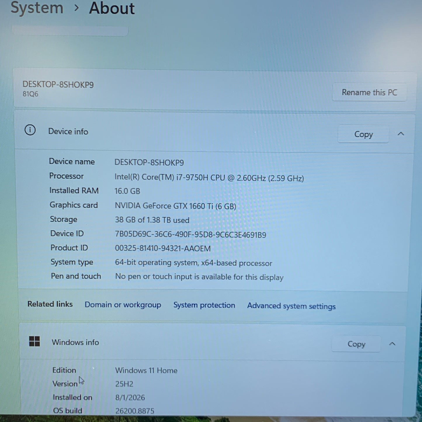 Lenovo Legion Y545 8SHOKP9 15.6" i7-9750H 2.6GHz 16GB RAM 1TB SSD GeForce GTX 