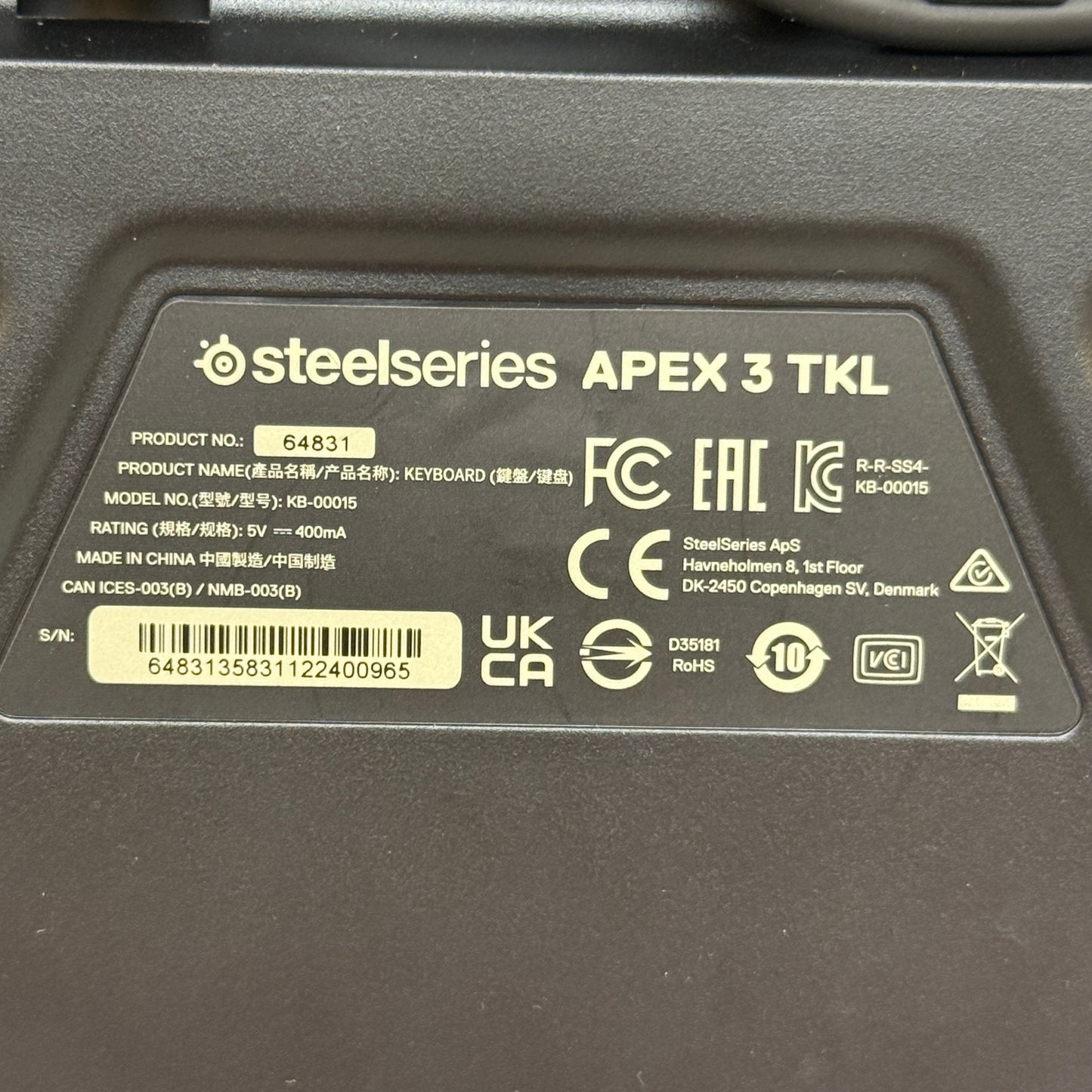 Steelseries Apex 3 TKL Wired  Gaming Keyboard KB-00015