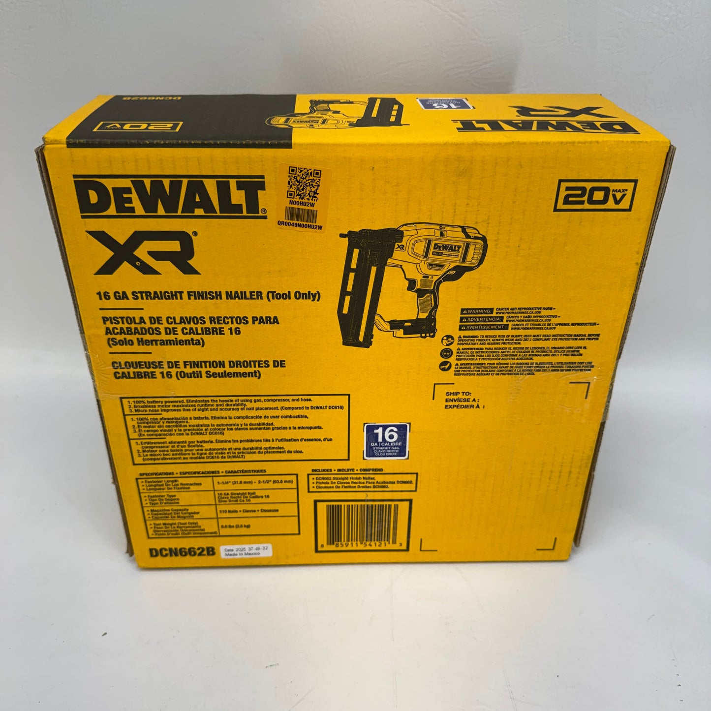 New DeWalt DCN662B 20V MAX XR 16 Gauge Cordless Straight Finish Nailer