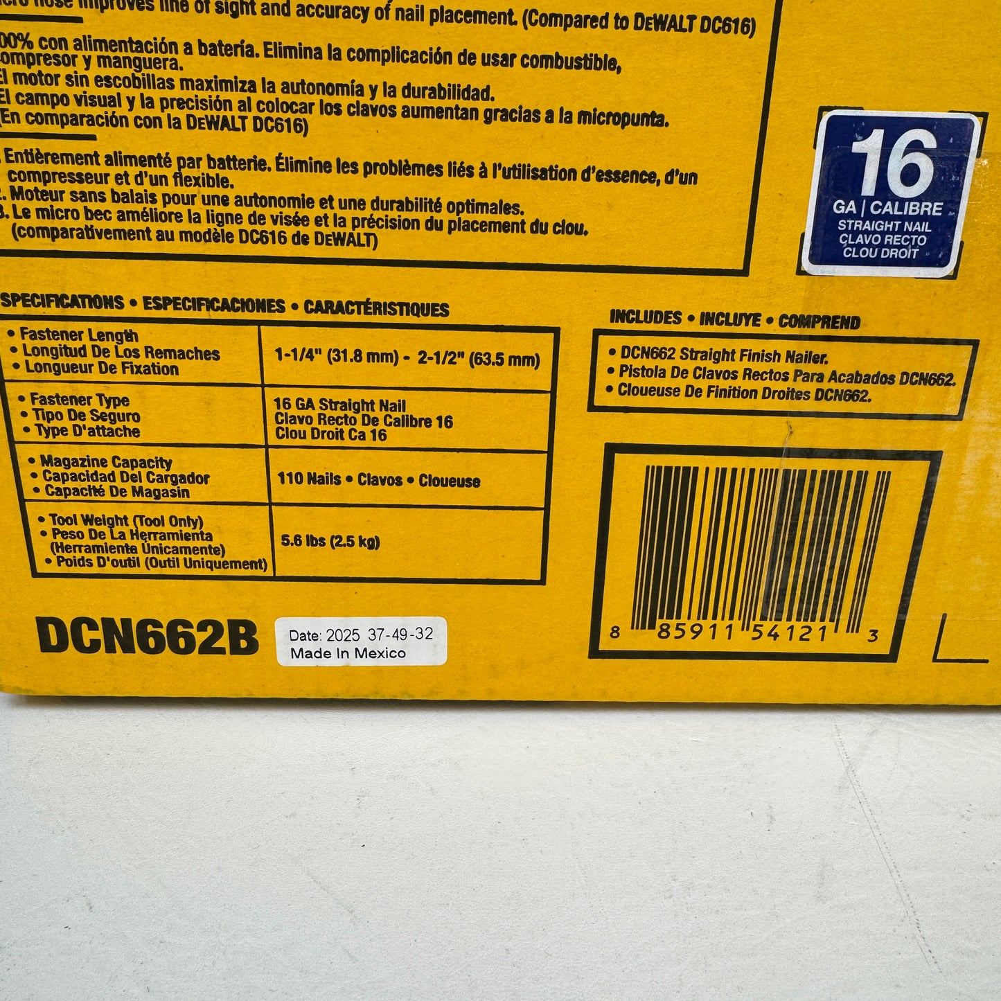 New DeWalt DCN662B 20V MAX XR 16 Gauge Cordless Straight Finish Nailer