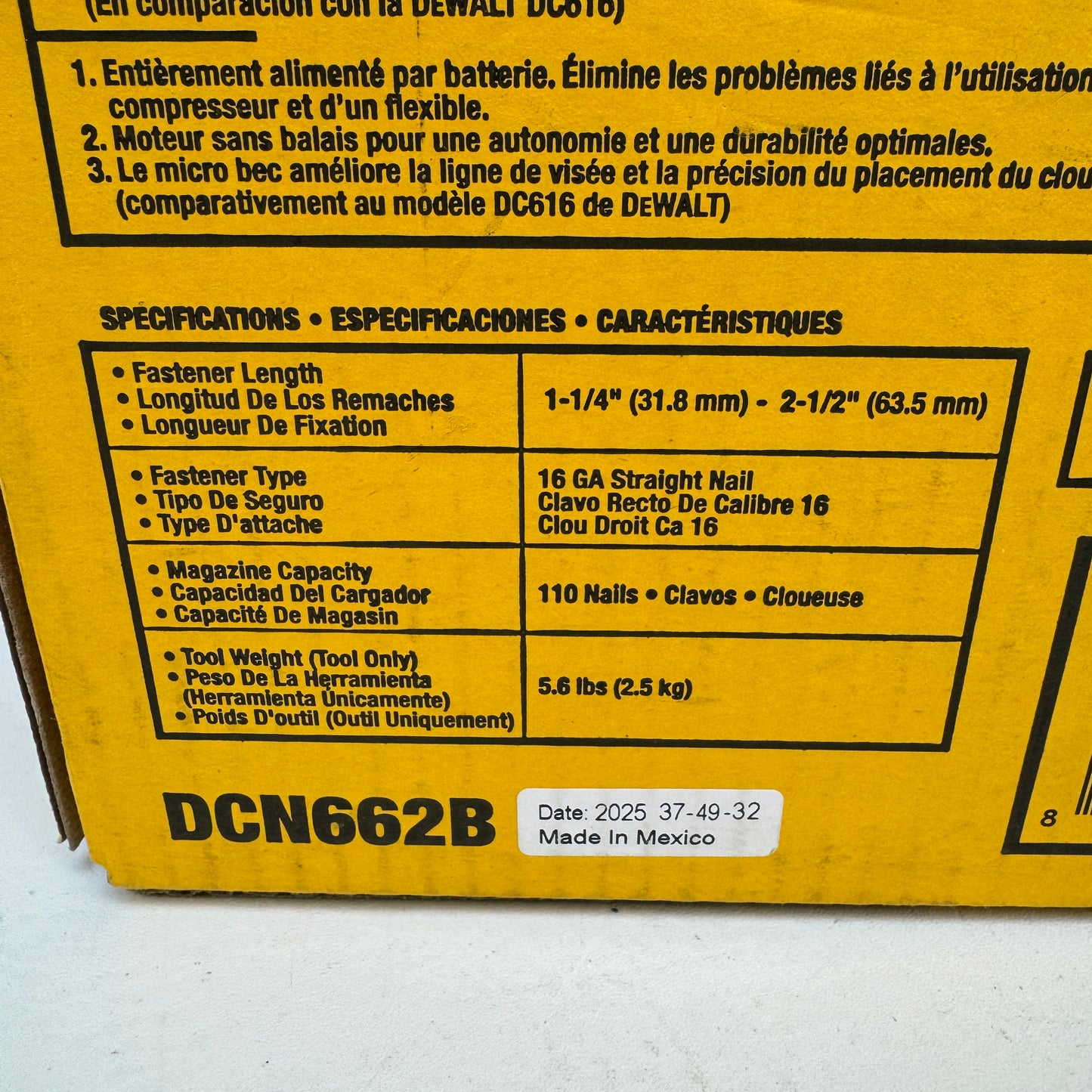 New DeWALT DCN662B 20V MAX XR 16-Gauge Cordless Straight Finish Nailer