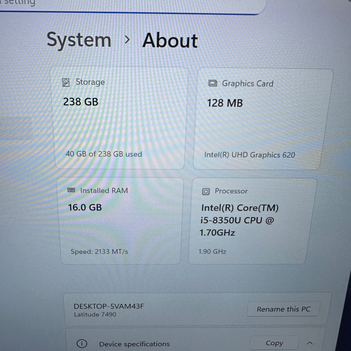 Dell Latitude 7490 14" i5-8350U 1.9GHz 16GB RAM 256GB SSD