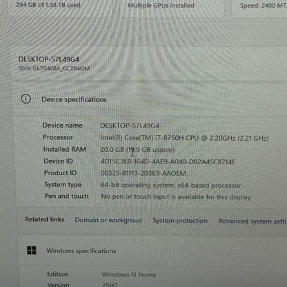 Asus Scar II GL704G 17.3" i7-8750H 2.2GHz 20GB RAM 512GB SSD GeForce GTX 1060