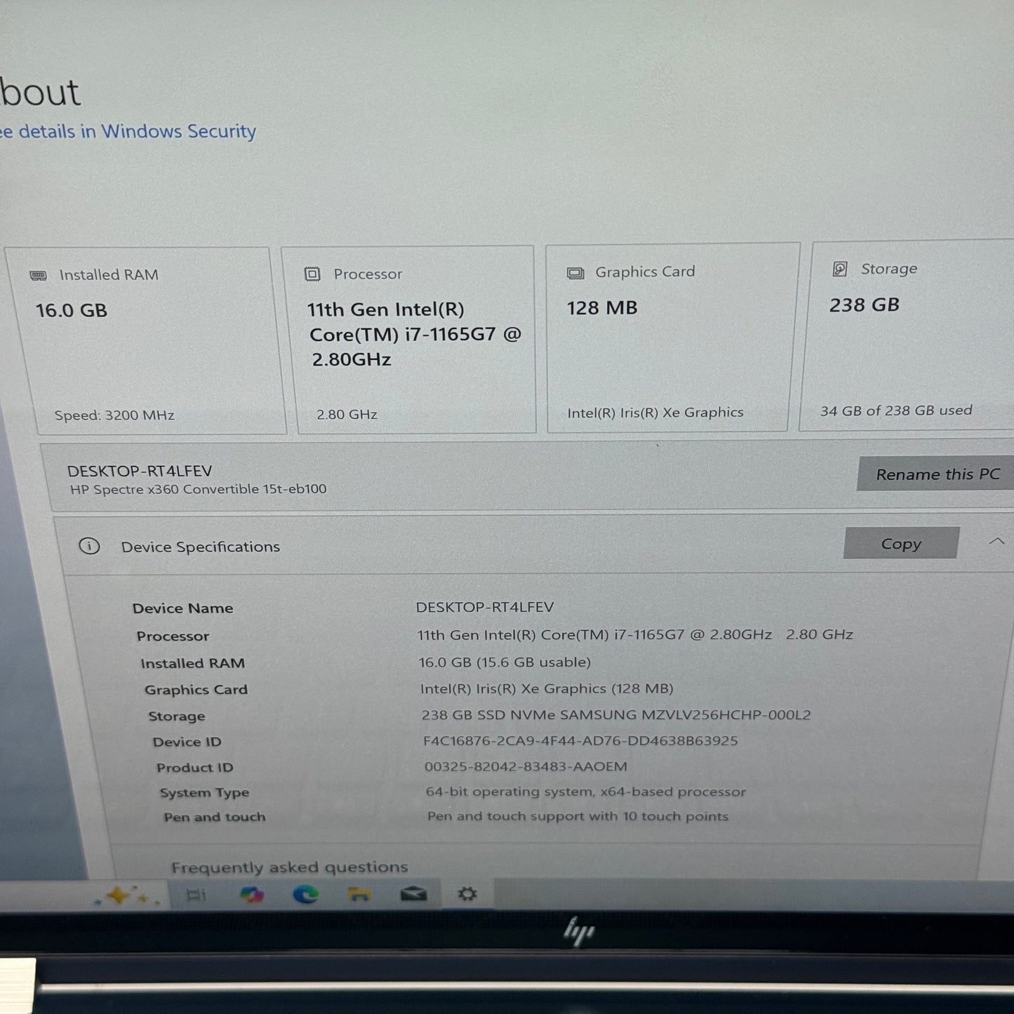 HP Spectre 15T-EB100 15.6" i7-1165G7 2.8GHz 16GB RAM 256GB SSD