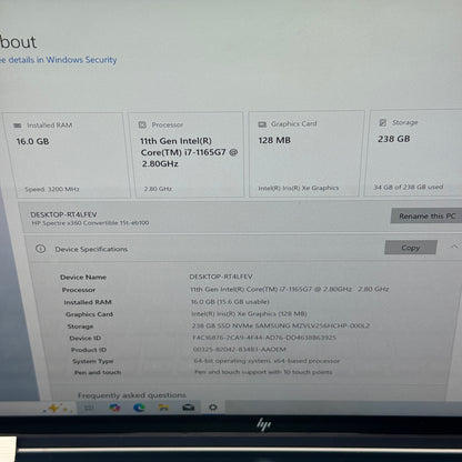 HP Spectre 15T-EB100 15.6" i7-1165G7 2.8GHz 16GB RAM 256GB SSD