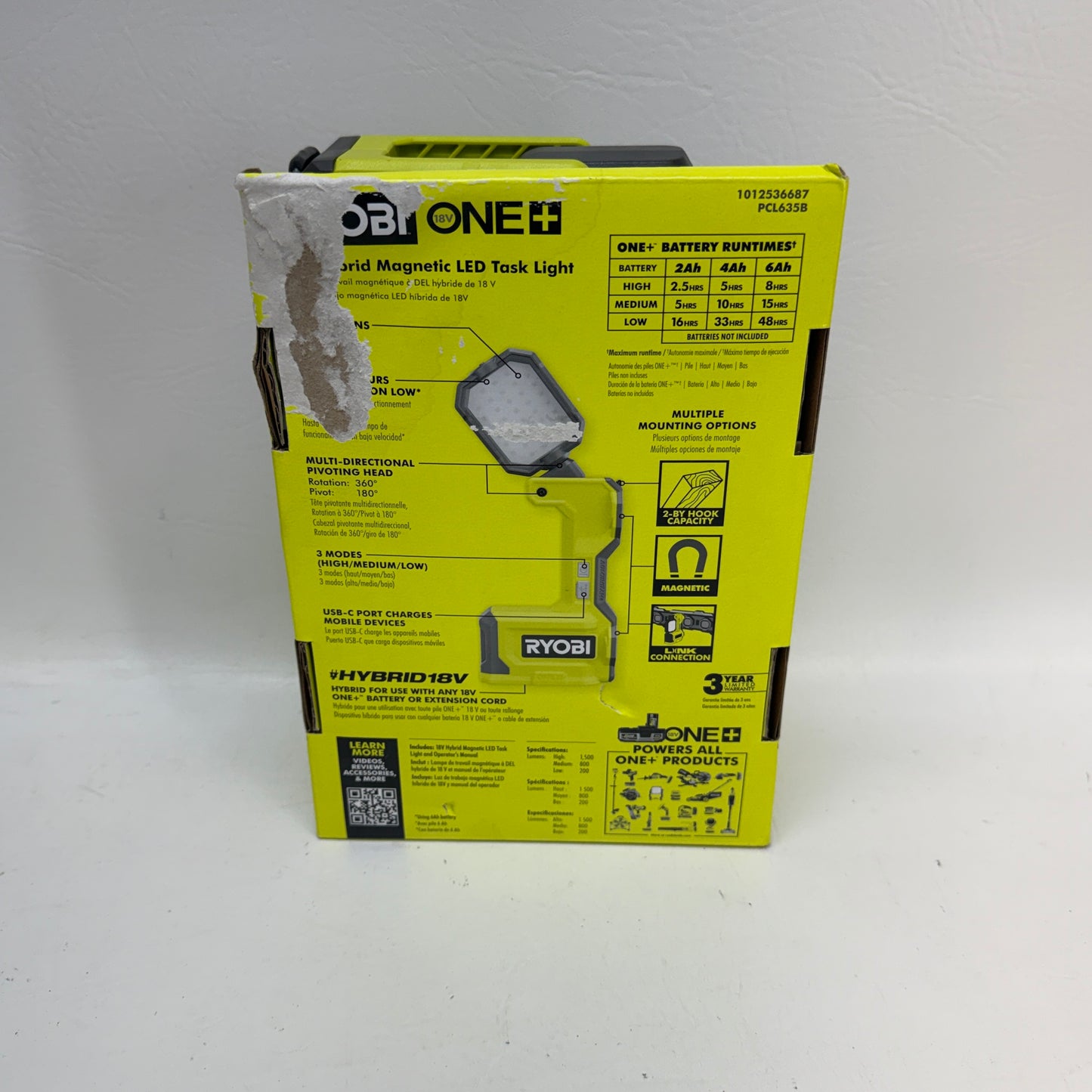 New Ryobi ONE+ 18V Hybrid Cordless LED Magnetic Task Light PCL635B 1500 Lumens