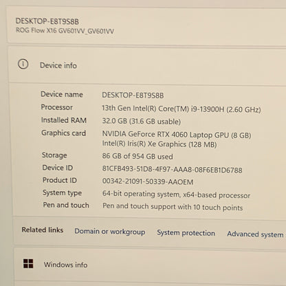 Asus ROG Flow X16 GV601V 16" i9-13900H 2.6GHz 32GB RAM 1TB SSD GeForce RTX 4060
