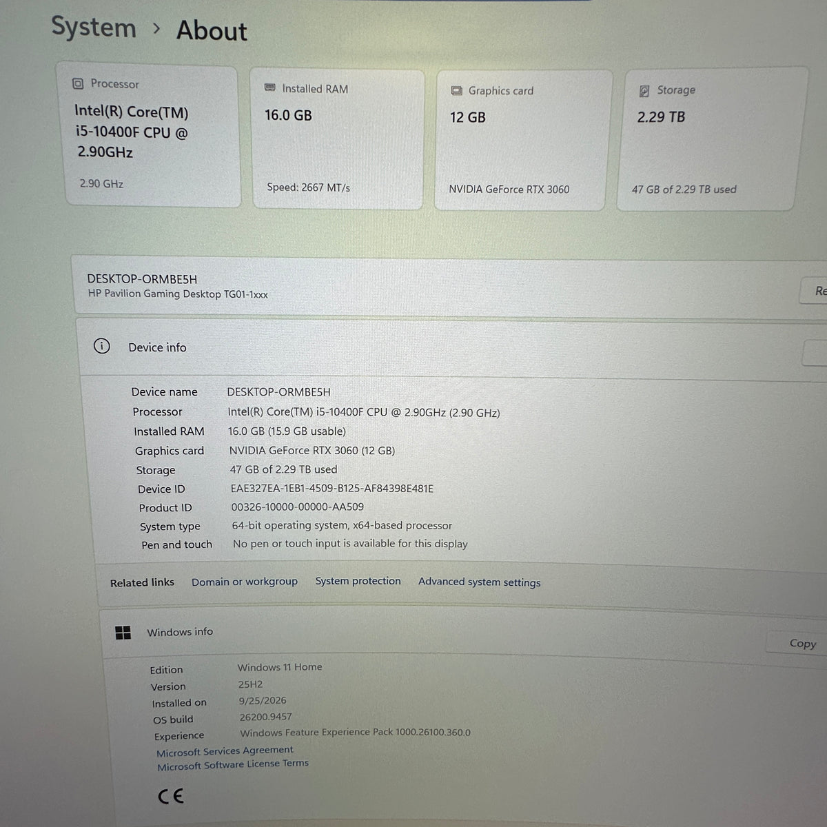 HP Pavilion Gaming Desktop Core i5-10400F 2.90GHz 16GB RAM 512GB SSD 2TB SSD 