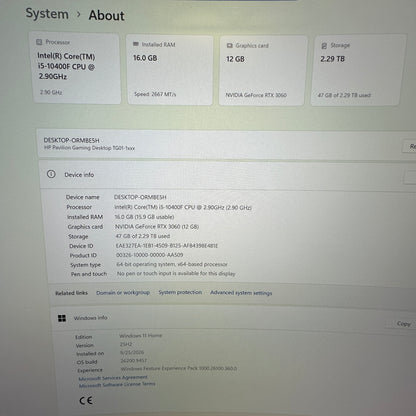 HP Pavilion Gaming Desktop Core i5-10400F 2.90GHz 16GB RAM 512GB SSD 2TB SSD 