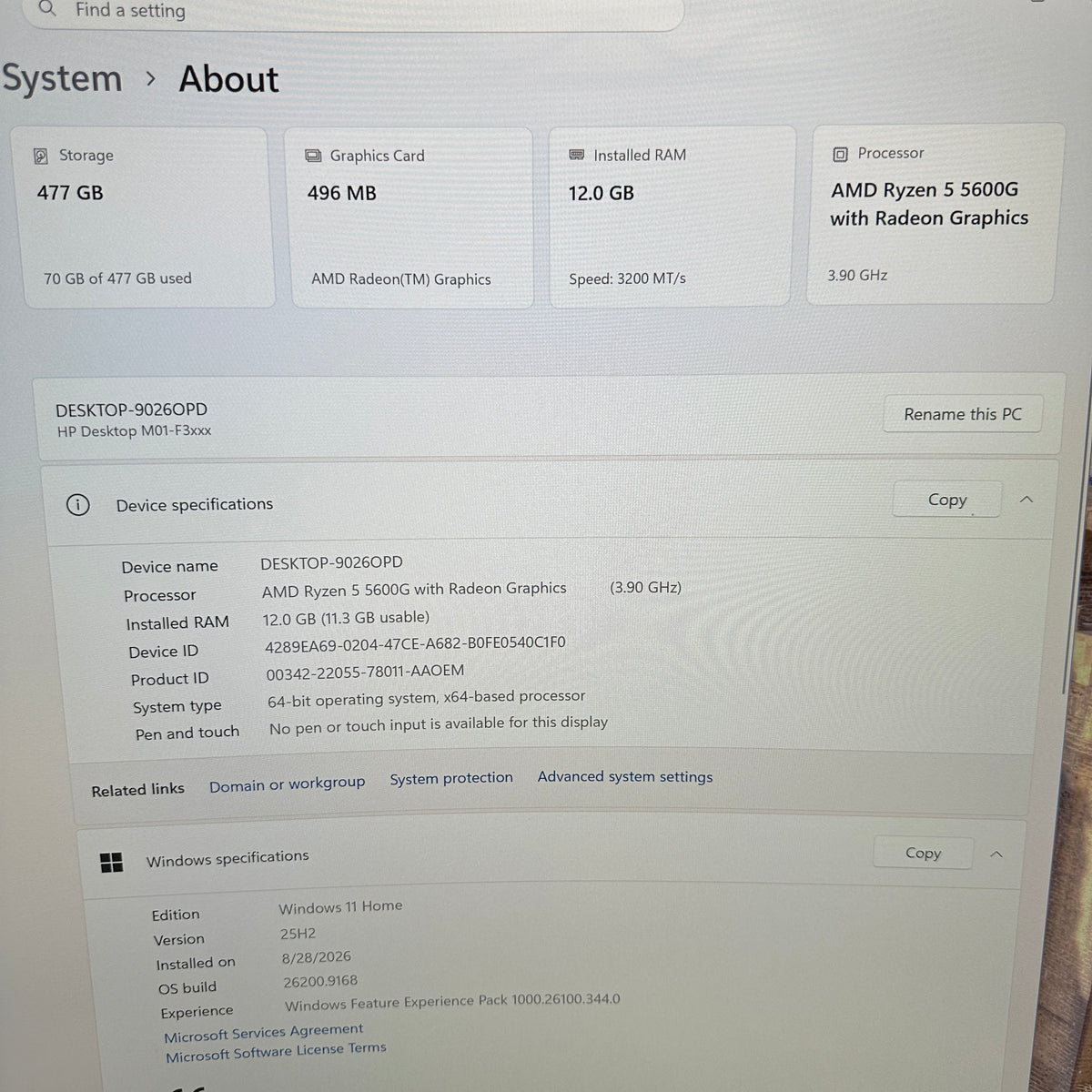 HP M01-F3xxx 9026OPD Ryzen 5 5600G 3.90GHz 12GB RAM 512GB SSD