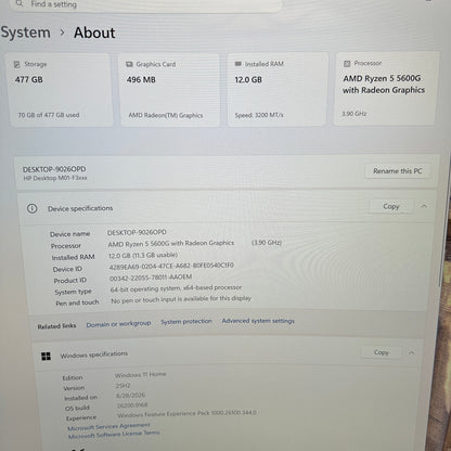 HP M01-F3xxx 9026OPD Ryzen 5 5600G 3.90GHz 12GB RAM 512GB SSD