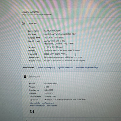 HP Z2 G9 AOCIQ3N i9-14900K 3.20GHz 64GB RAM 512GB SSD NVIDIA T1000