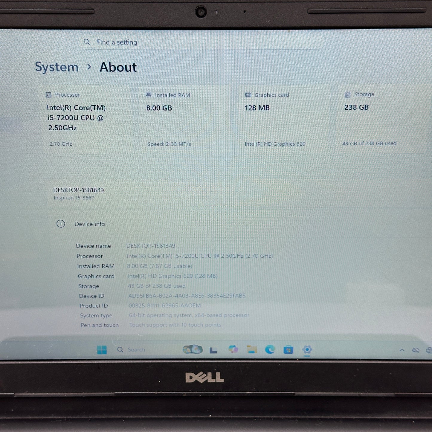 Dell Inspiron 15 3567 15.6" i5-7200U 2.5GHz 8GB RAM 256GB SSD