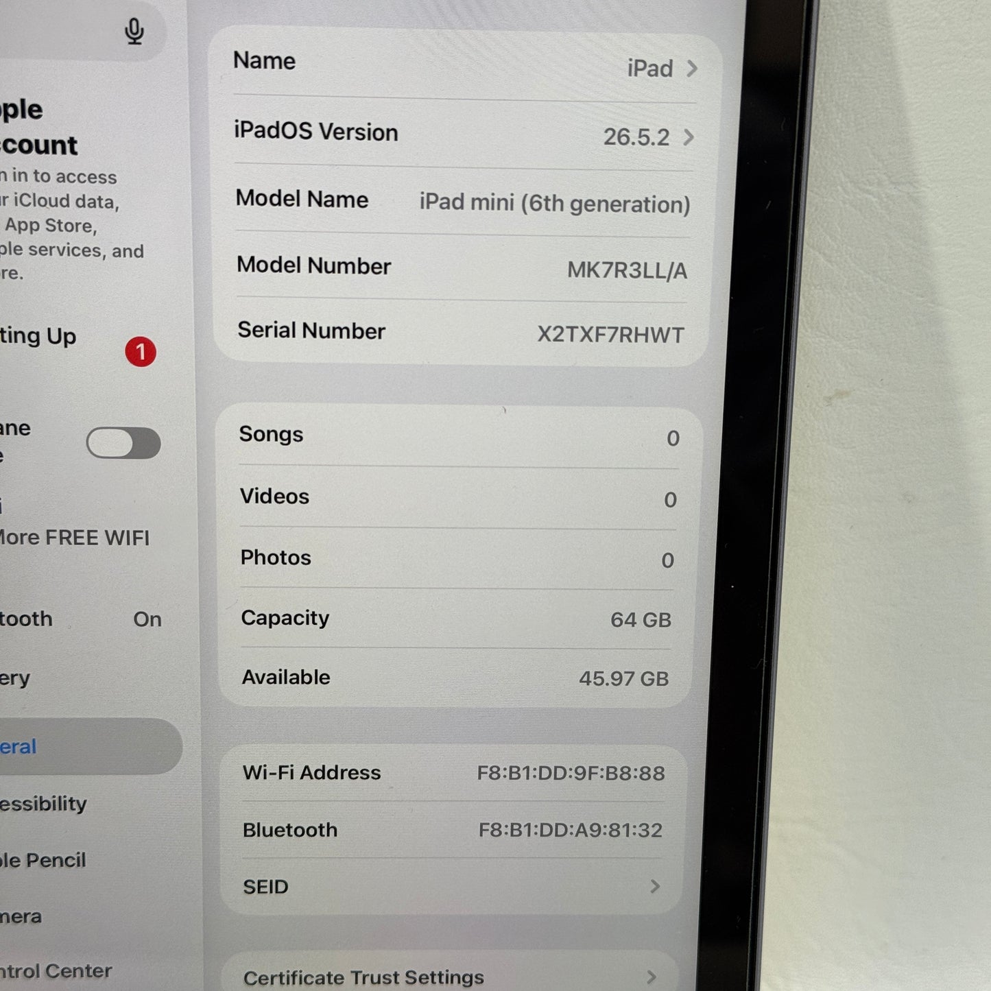 WiFi Only Apple iPad Mini 6th Gen 64GB Purple MK7R3LL/A