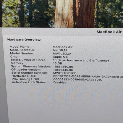 2025 Apple MacBook Air 15" M4 10C GPU 4.5GHz 16GB RAM 256GB SSD MW1L3LL/A