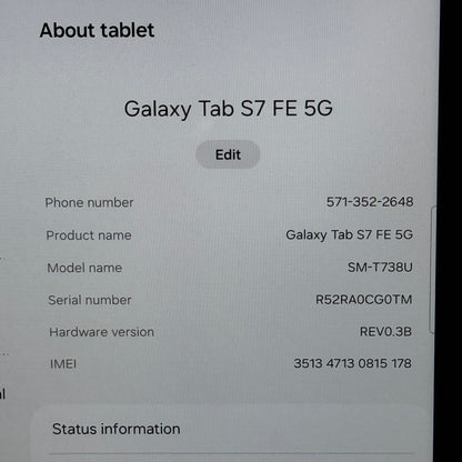 Verizon Samsung Galaxy Tab S7 FE 12.4" 64GB Black SM-T738U