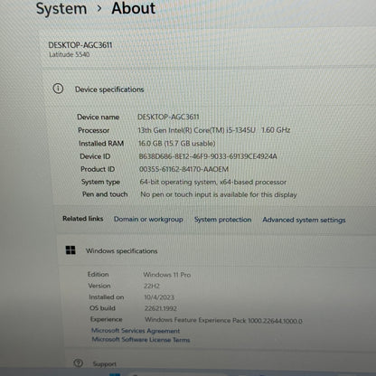 Dell Latitude 5540 15.6" i5-1345U 1.6GHz 16GB RAM 512GB SSD