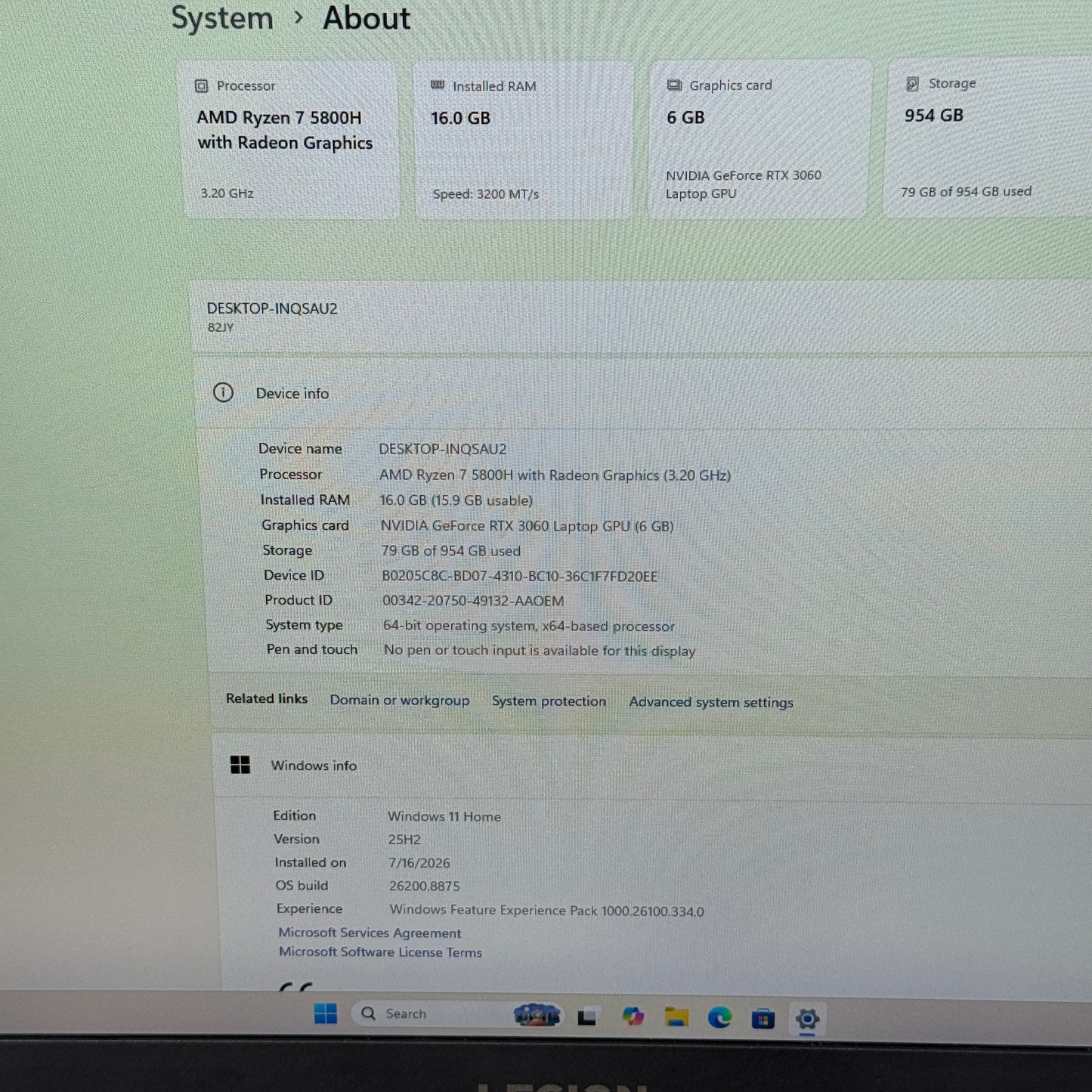 Lenovo Legion 5 Gen 6 17ACH6H 17.3" Ryzen 7 5800H 3.2GHz 16GB RAM 1TB SSD 