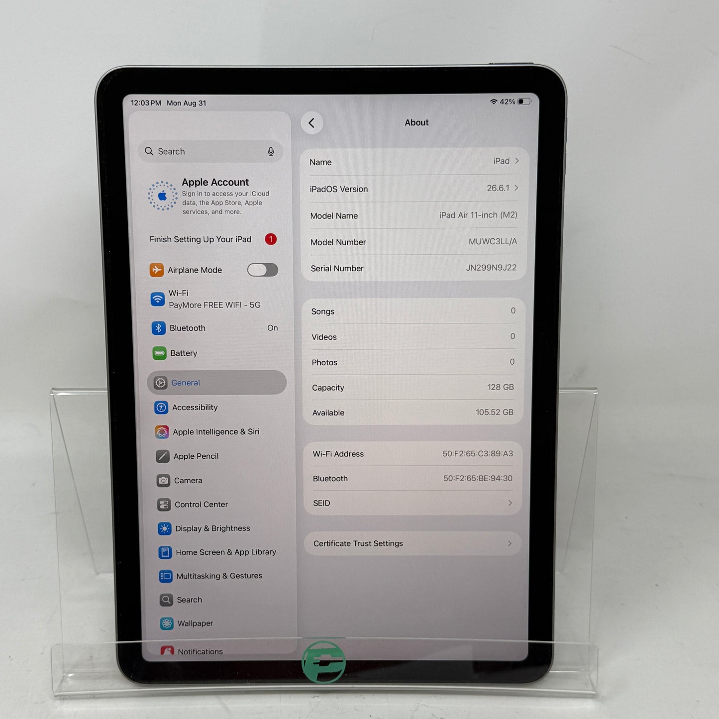 WiFi Only Apple iPad Air 11" M2 128GB Space Gray MUWC3LL/A
