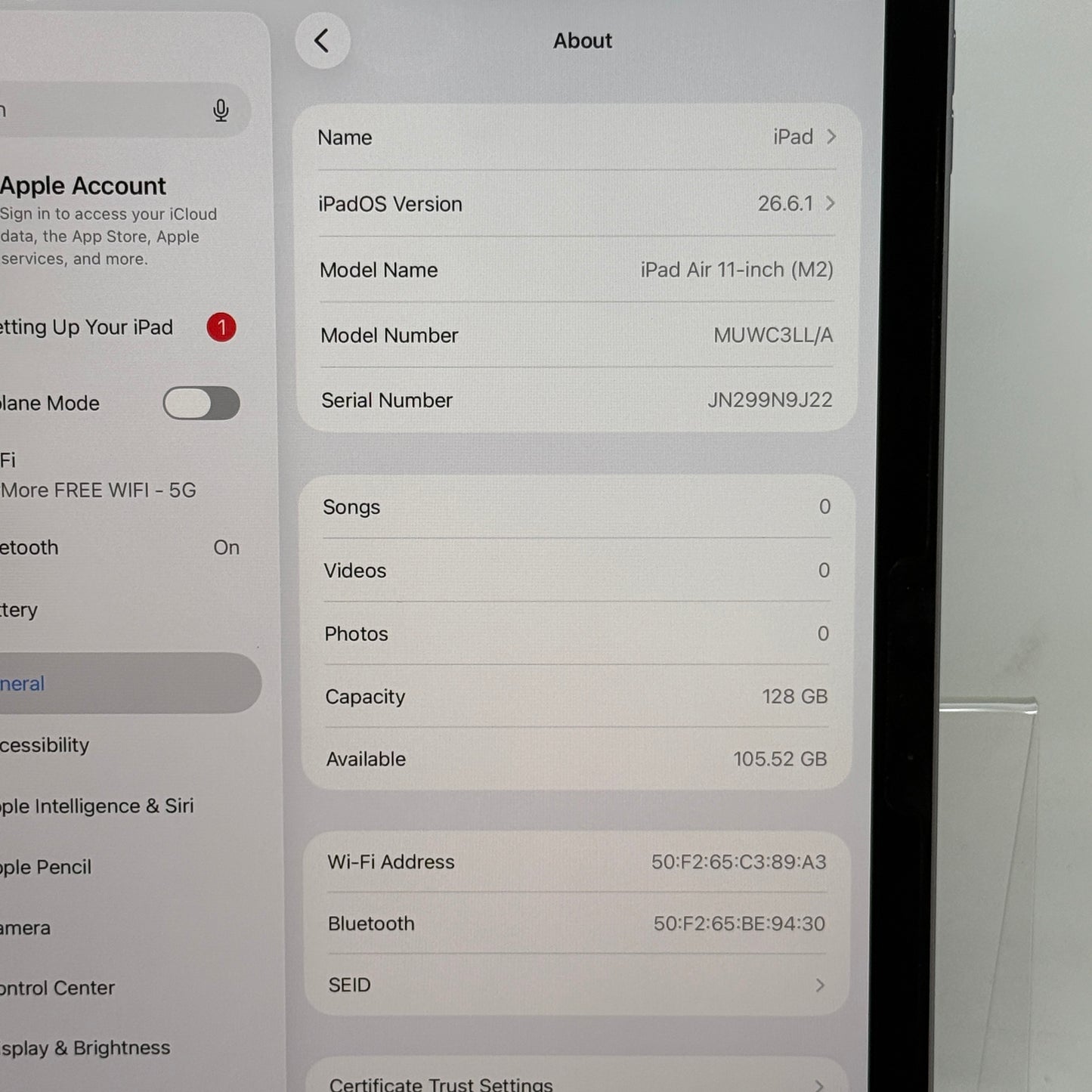 WiFi Only Apple iPad Air 11" M2 128GB Space Gray MUWC3LL/A