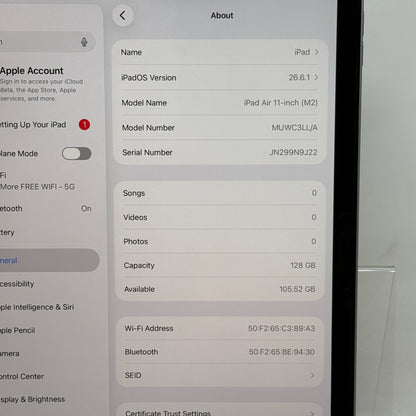 WiFi Only Apple iPad Air 11" M2 128GB Space Gray MUWC3LL/A