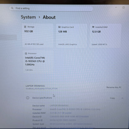 Asus Vivobook 17 X712J 17.3" i5-1035G1 1.0GHz 12GB RAM 1TB HDD