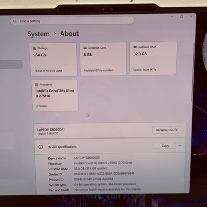 Lenovo legion 7 16IAX10 16" Core Ultra 9 275HX 2.7GHz 32GB RAM 1TB SSD GeForce 
