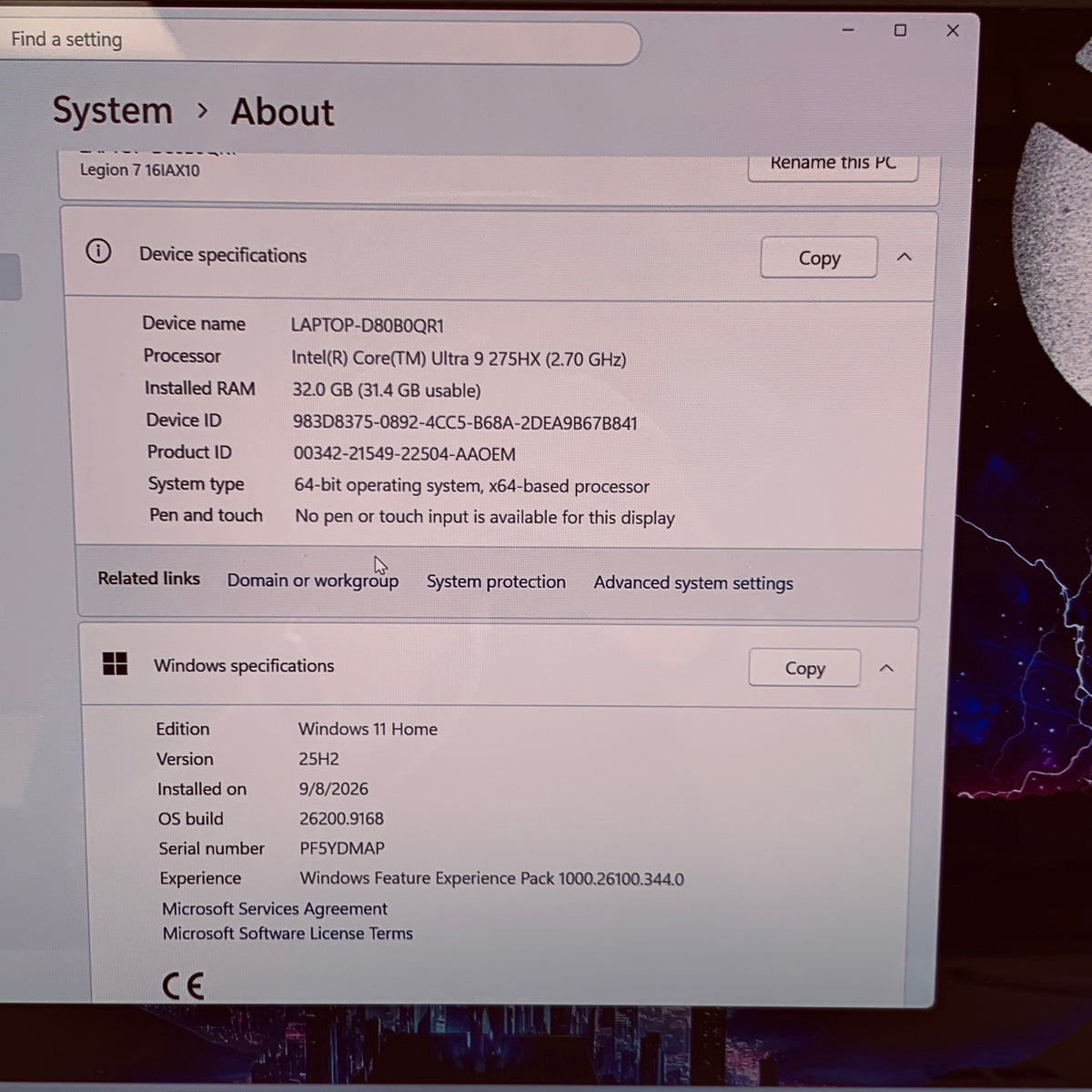 Lenovo legion 7 16IAX10 16" Core Ultra 9 275HX 2.7GHz 32GB RAM 1TB SSD GeForce 