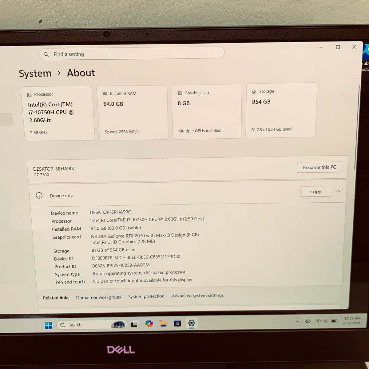 Dell G7 7500 15.6" i7-10750H 2.6GHz 64GB RAM 1TB SSD GeForce RTX 2070 Max-Q