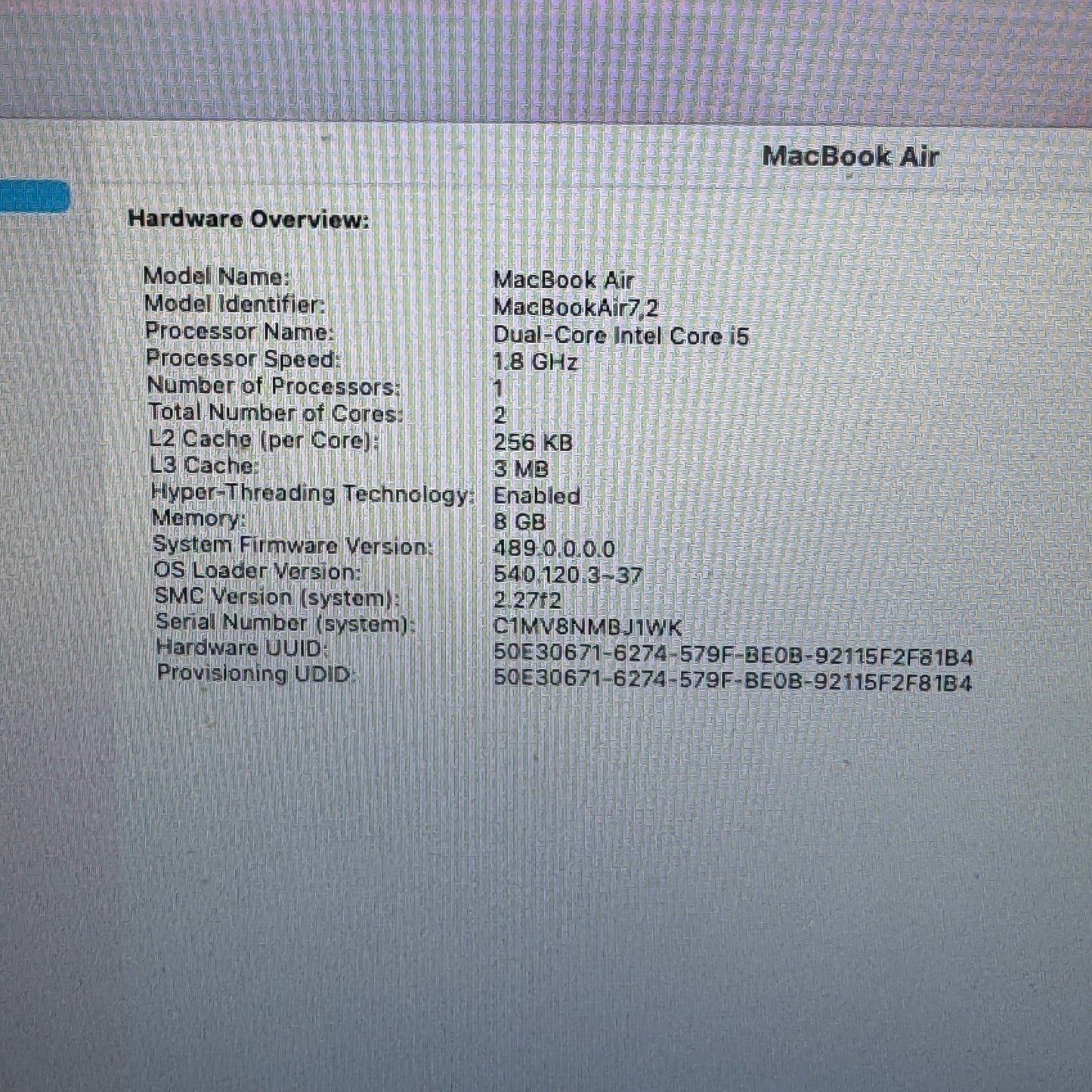 2017 Apple MacBook Air 13.3" i5 1.8GHz 4GB RAM 128GB SSD Silver A1466