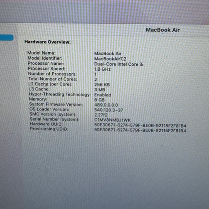 2017 Apple MacBook Air 13.3" i5 1.8GHz 4GB RAM 128GB SSD Silver A1466