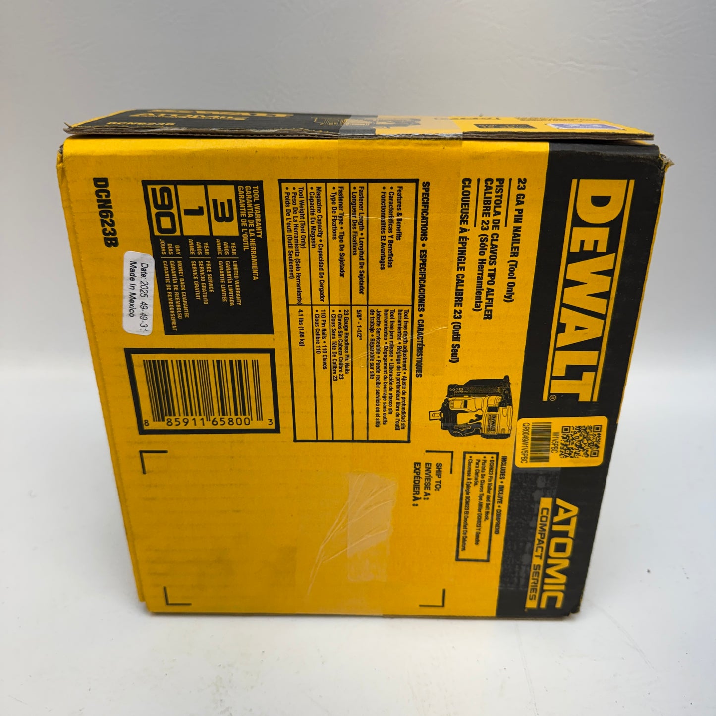 New DeWalt DCN623B 20V MAX ATOMIC Brushless 23 Ga Pin Nailer Cordless