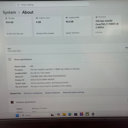 MSI Pulse GL66 11UCK 15.6" i7-11800H 2.3GHz 16GB RAM 1TB SSD GeForce RTX 3050