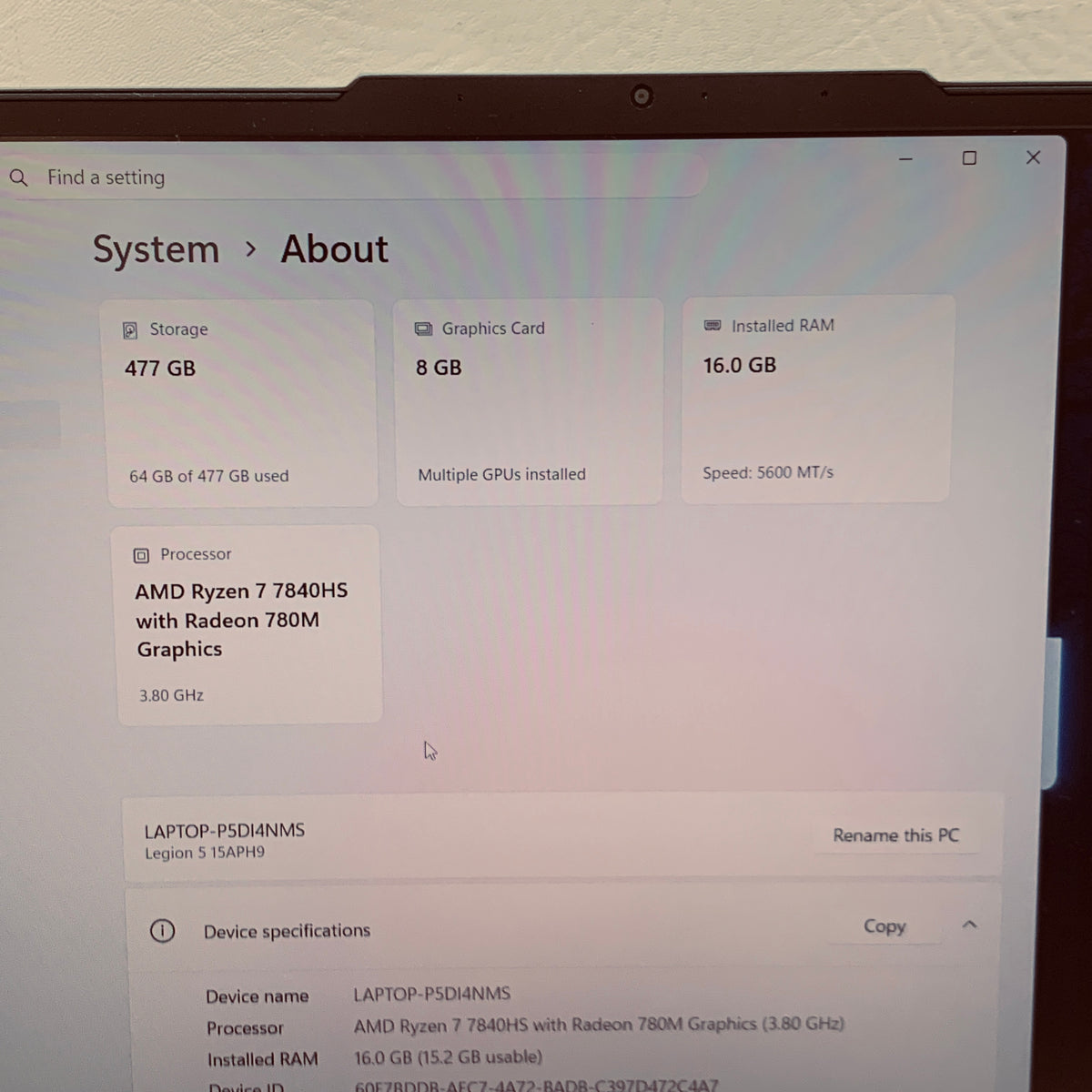 Lenovo Legion 5 15APH9 15.6" Ryzen 7 7840HS 3.8GHz 16GB RAM 512GB SSD GeForce 