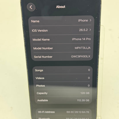 Factory Unlocked Apple iPhone 14 Pro 128GB Space Black MPXT3LL/A
