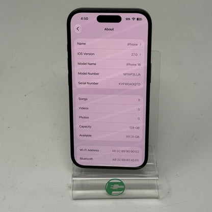 Factory Unlocked Apple iPhone 16 128GB Black MYAP3LL/A