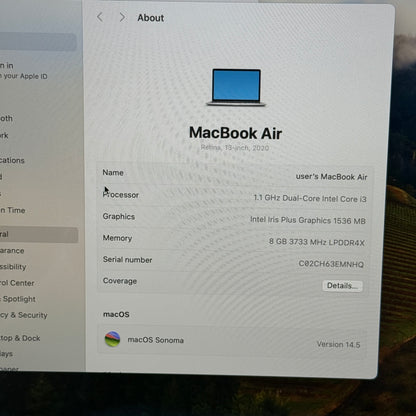 2020 Apple MacBook Air 13.3" i3 1.1GHz 8GB RAM 256GB SSD Silver A2179