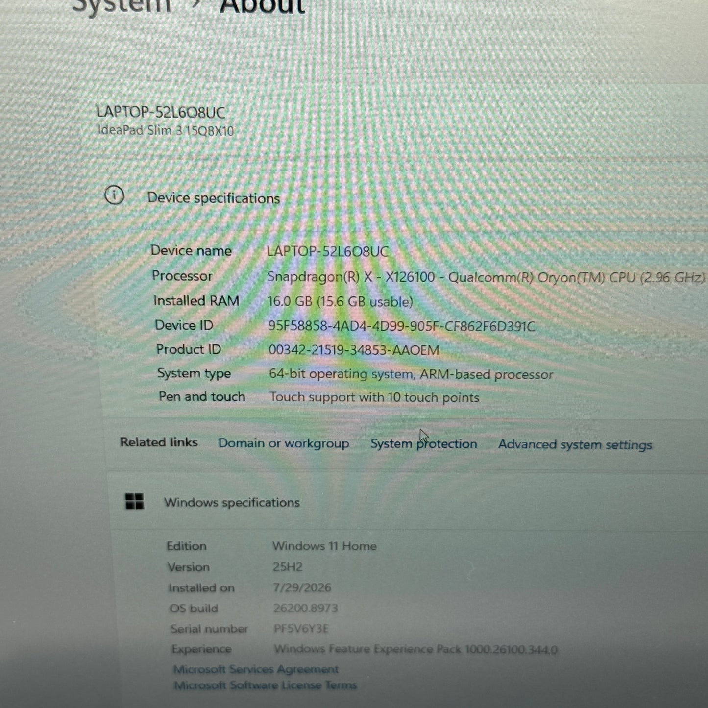 Lenovo IdeaPad Slim 3 15Q8X10 15.3 Snapdragon X-X126100 " 2.96Ghz 16GB RAM 256GB SSD