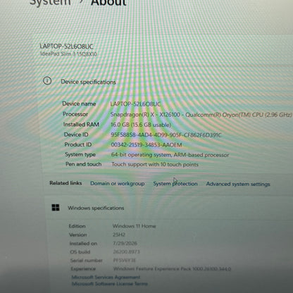 Lenovo IdeaPad Slim 3 15Q8X10 15.3 Snapdragon X-X126100 " 2.96Ghz 16GB RAM 256GB SSD