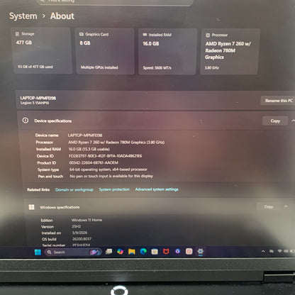 Lenovo Legion 15AHP10 15.6" Ryzen 7 260 3.8GHz 16GB RAM 512GB SSD GeForce RTX 