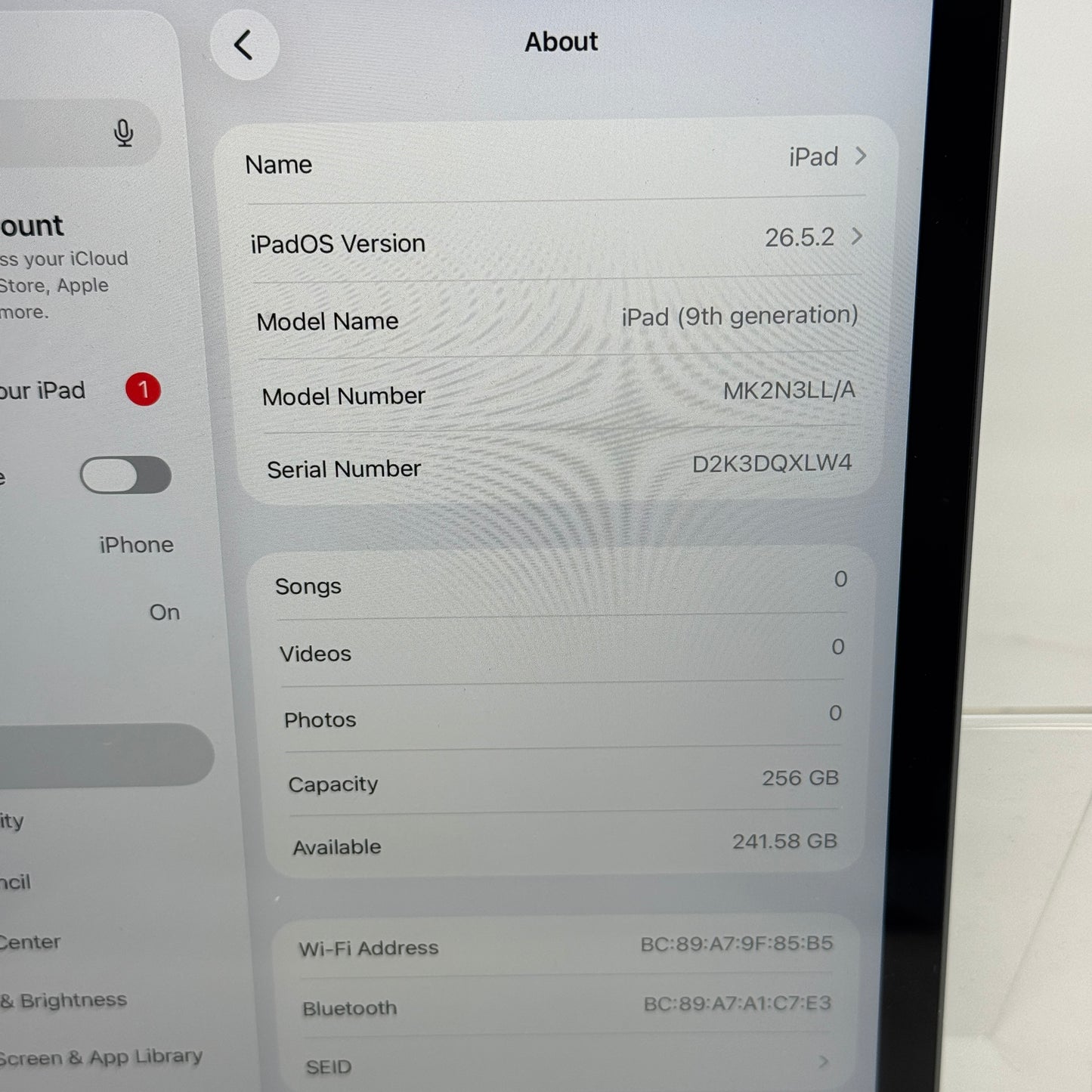 WiFi Only Apple iPad 9th Gen 256GB Space Gray MK2N3LL/A