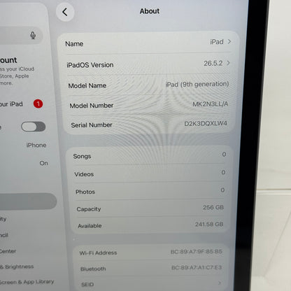 WiFi Only Apple iPad 9th Gen 256GB Space Gray MK2N3LL/A