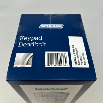 New Schlage BE365 V CAM 619 Keypad Deadbolt Camelot Satin Nickel Electronic Lock