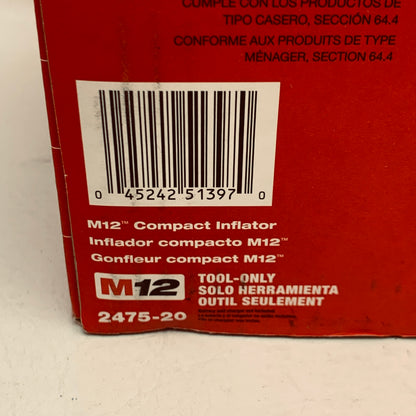 Milwaukee M12 Compact Inflator 2475-20 12V Cordless Tire Inflator Tool