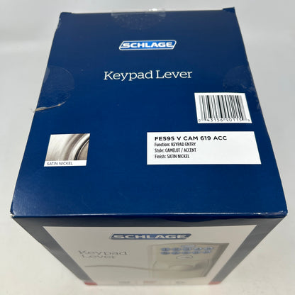 New Schlage FE595 V CAM 619 ACC Keypad Entry Lever Camelot Satin Nickel Accent